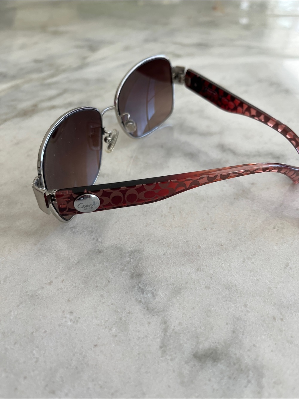 Coach Red Pattern Logo Temples Silver Frame Sunglasses
